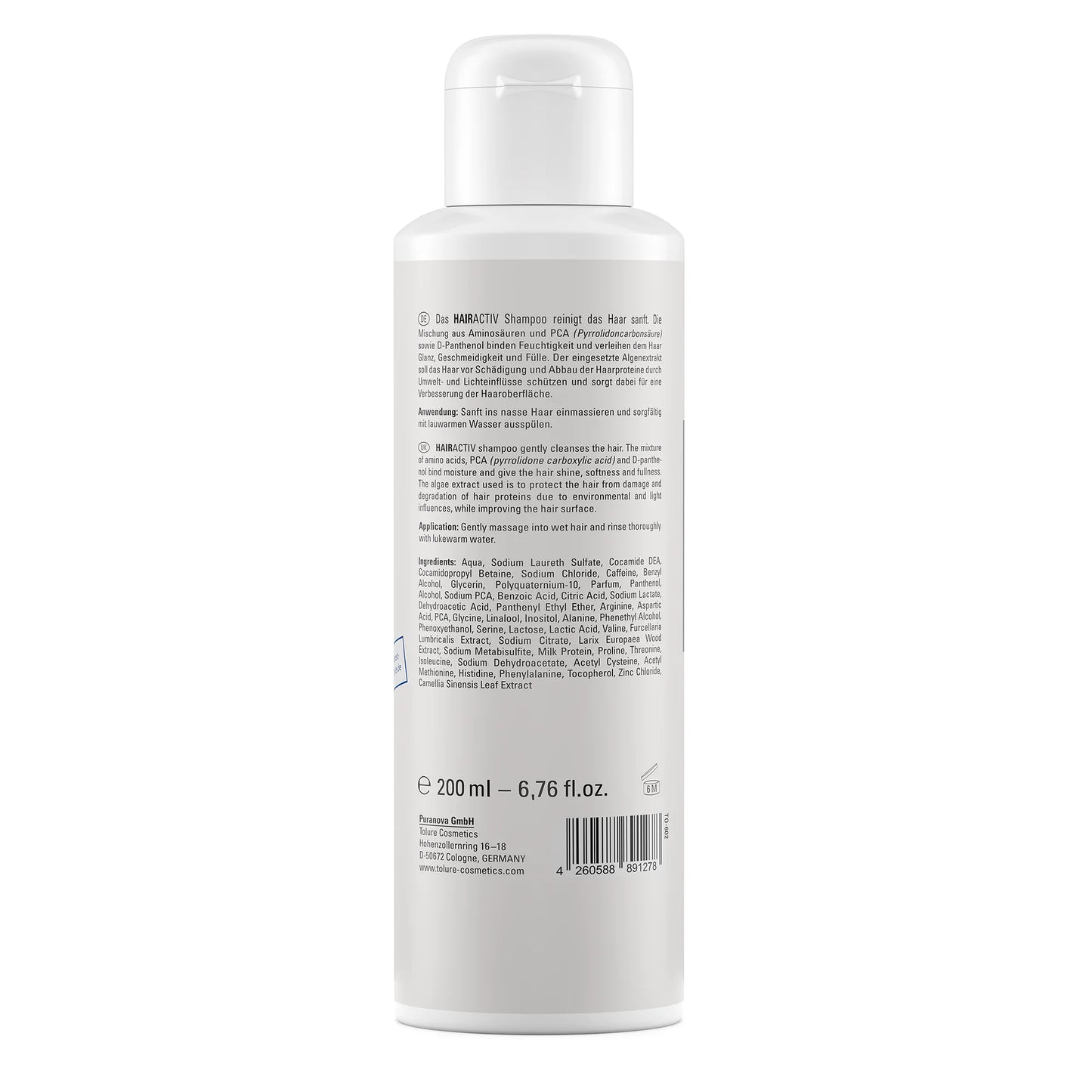 Bagsiden af Tolure HAIRACTIV Activating Shampoo 200 ml med produktinformation.