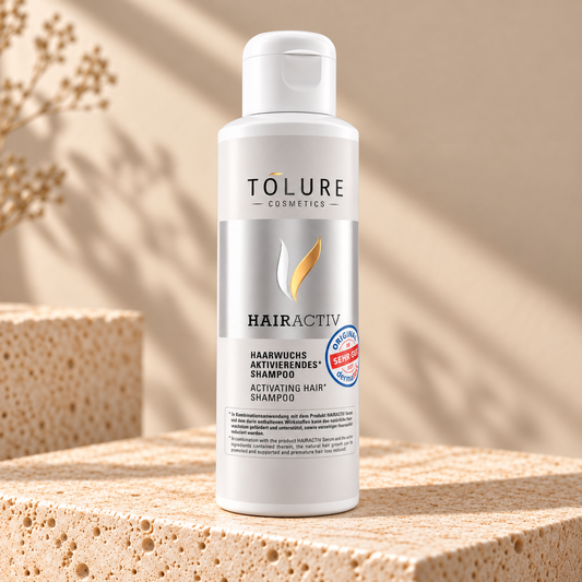Tolure HairActiv shampoo på travertin i samme beige billedstil.