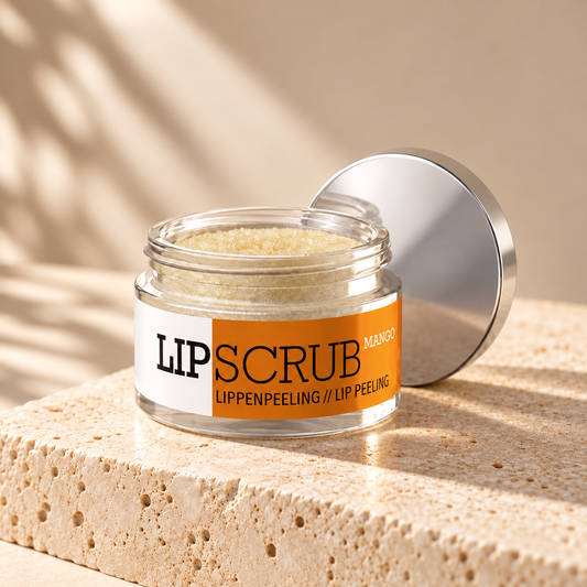 Tolure LipScrub Mango på travertin i samme beige billedstil.