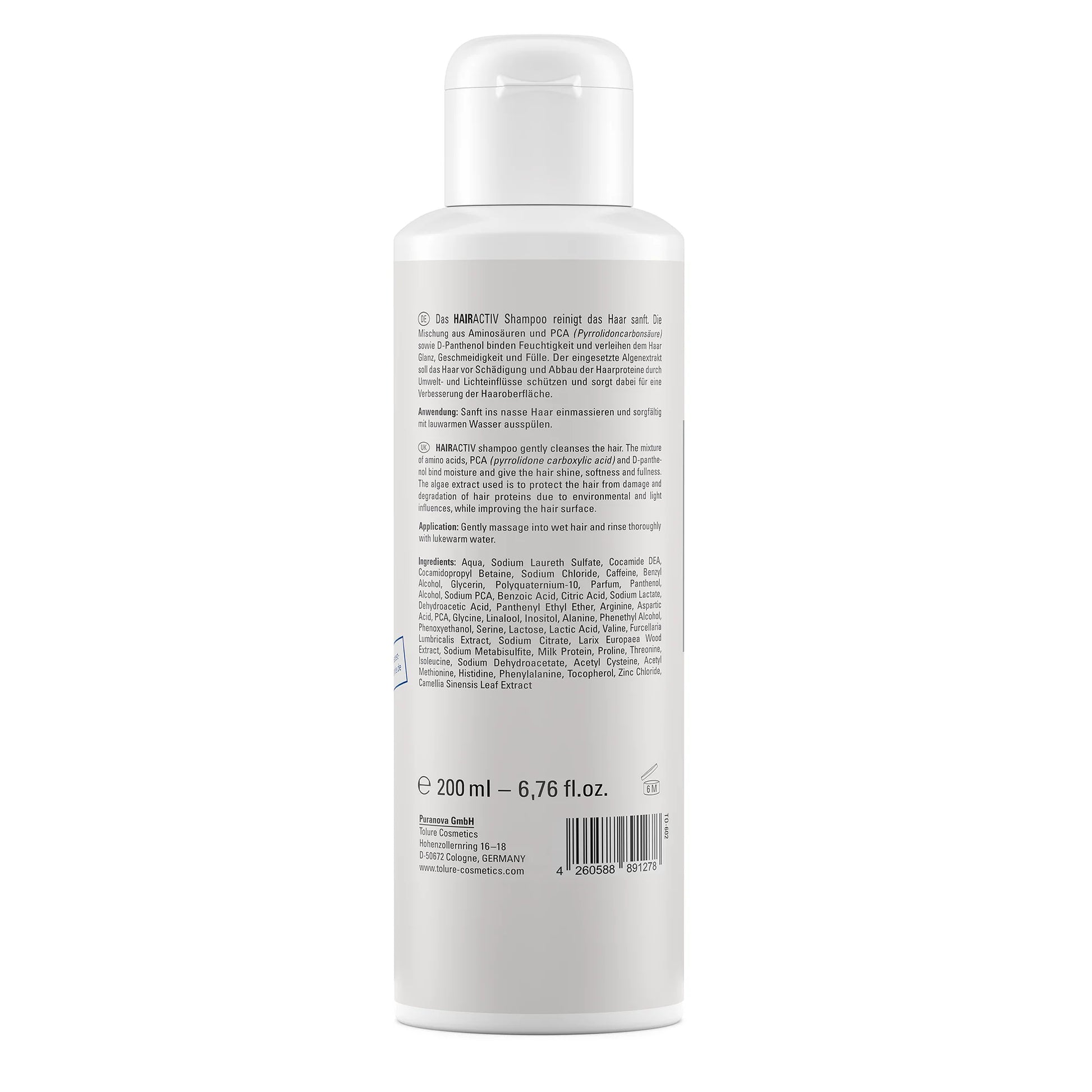 Bagsiden af Tolure HAIRACTIV Activating Shampoo 200 ml med produktinformation.
