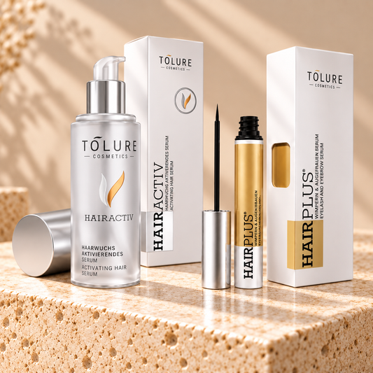 Tolure HairActive og Hairplus sæt på travertin i samme beige billedstil.