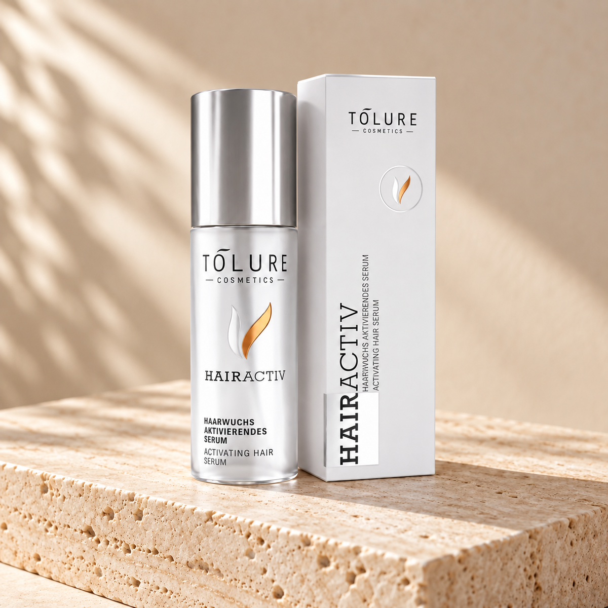 Tolure HairActive hårvækstserum på travertin i samme beige billedstil.