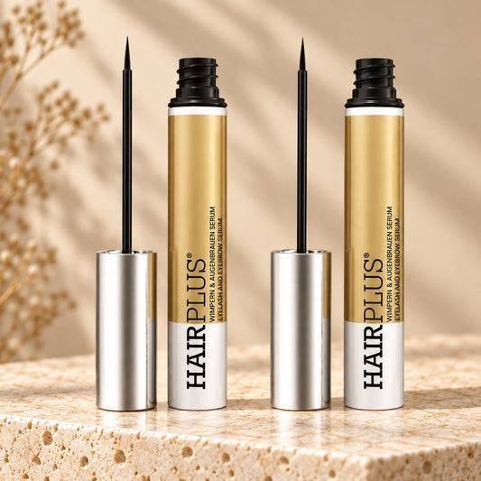 Tolure Hairplus 2-pack med to serumflasker à 3 ml og pensler på travertin.