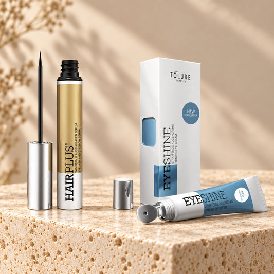 Tolure Hairplus vippeserum 3 ml og Eyeshine øjencreme 15 ml i sæt på lyst stenpodie.