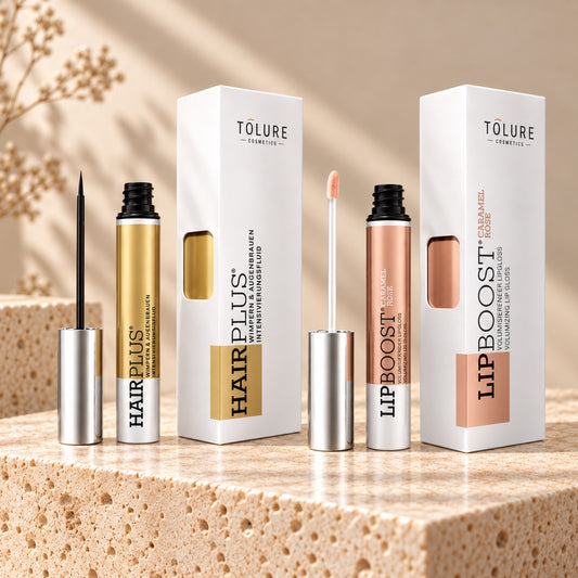 Tolure Hairplus 3 ml og LipBoost Caramel Rose 8 ml i sæt med applikatorer og æsker.
