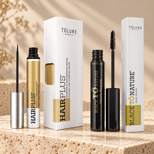 Tolure Hairplus vippeserum 3 ml og BlackToNature mascara 8,5 ml i sæt med æsker.
